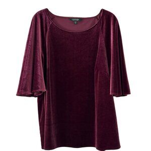 Lauren Ralph Lauren 1X BURGUNDY Velvet Flutter Sleeve Blouse Top Shirt